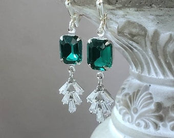 Emerald Rhinestone Art Deco Earrings - 1920s Art Deco Jewelry - Great Gatsby Wedding - Flapper Jewelry - 1920s Bride - Vintage Style