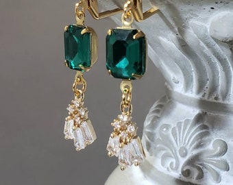 Emerald Green Art Deco Earrings - 1920s Art Deco Jewelry - Flapper Jewelry - Great Gatsby Wedding - 1920s Bridal Earrings