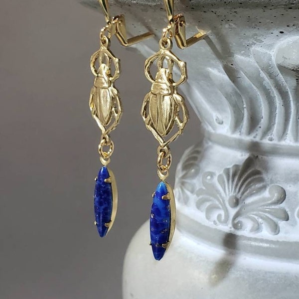 Egyptian Revival Scarab Earrings - Egyptian Revival Jewelry - Assemblage  Earrings -  King Tut Jewelry - Vintage Style