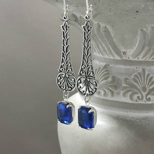Sapphire Blue Filigree Art Deco Earrings - 1920s Art Deco Jewelry - 1920s Earrings - Edwardian Style Jewelry - Great Gatsby Wedding