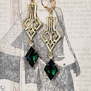 Emerald Green Art Deco Earrings 1920s Art Deco Jewelry 1920s Earrings Vintage Inspired Jewelry Great Gatsby Wedding image 1