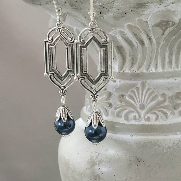 Blue Pearl Art Deco Earrings - 1920s Art Deco Jewelry - 1920s Earrings - Edwardian Style Jewelry - Vintage Style