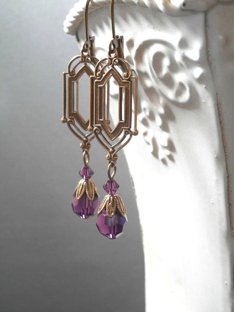 Purple Crystal Earrings 1920s Art Deco Jewelry Purple Bridal Earrings Flapper Jewelry 1920s Vintage Style image 7