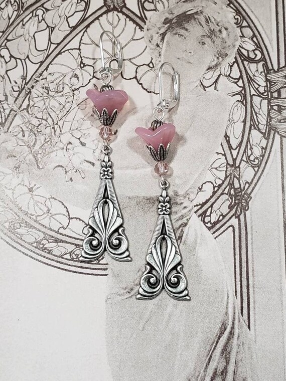 Art Nouveau Flower Earrings - 1920s Art Deco Jewelry - Alfons Mucha - Assemblage Earrings - Edwardian Style Jewelry