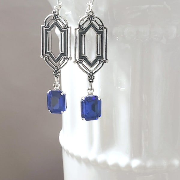 Sapphire Blue Art Deco Earrings - Art Deco Jewelry - 1920s Wedding - Vintage Style Earrings - Reproduction Jewelry - Bridesmaid Gift