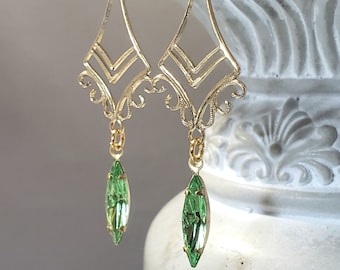 Peridot Green Art Deco Earrings - 1920s Art Deco Jewelry - 1920s Earrings - Edwardian Style Jewelry - Vintage Style