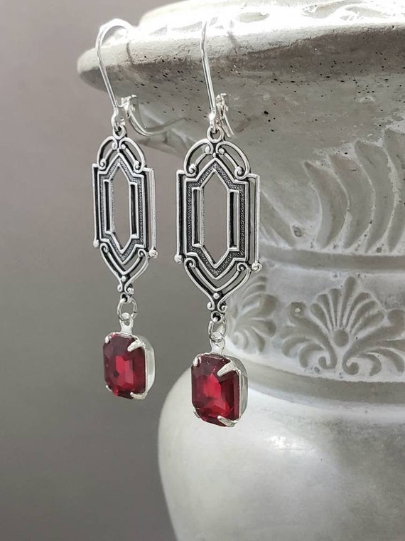 Silver and Red Art Deco Earrings - 1920s Art Deco Jewelry - 1920s Earrings - Jewelry for Flapper Dress - Vintage Style