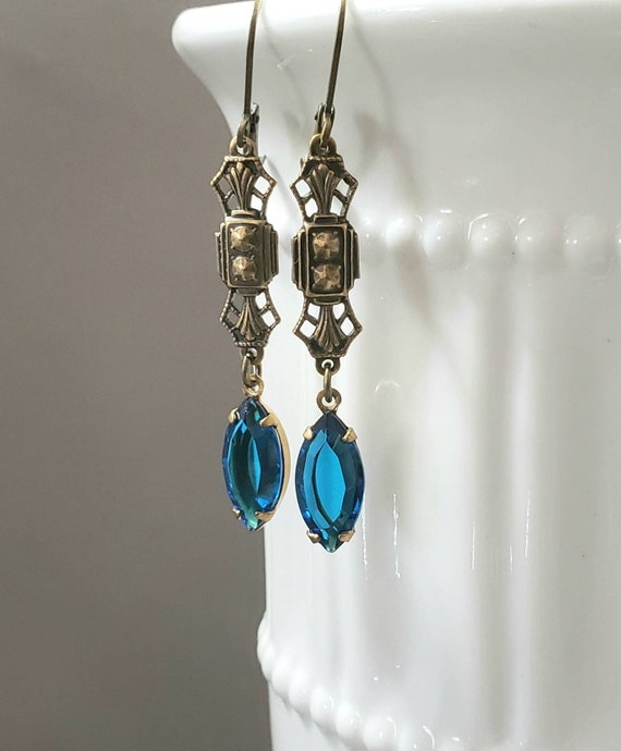 Capri Blue Edwardian Earrings - 1920s Art Deco Jewelry - Vintage Inspired Earrings - Flapper Jewelry - 1920s Vintage Style