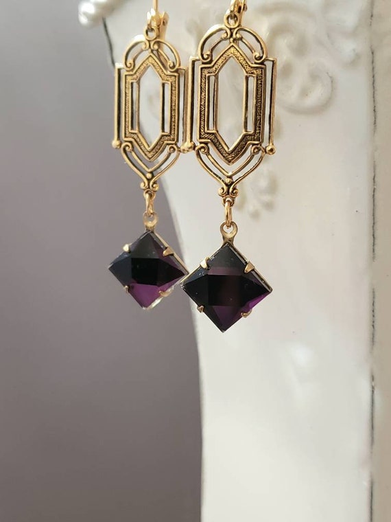 Purple and Gold Art Deco Earrings - 1920s Art Deco Jewelry - Purple Bridal Earrings - 1920s Bride - Flapper Jewelry - Vintage Style