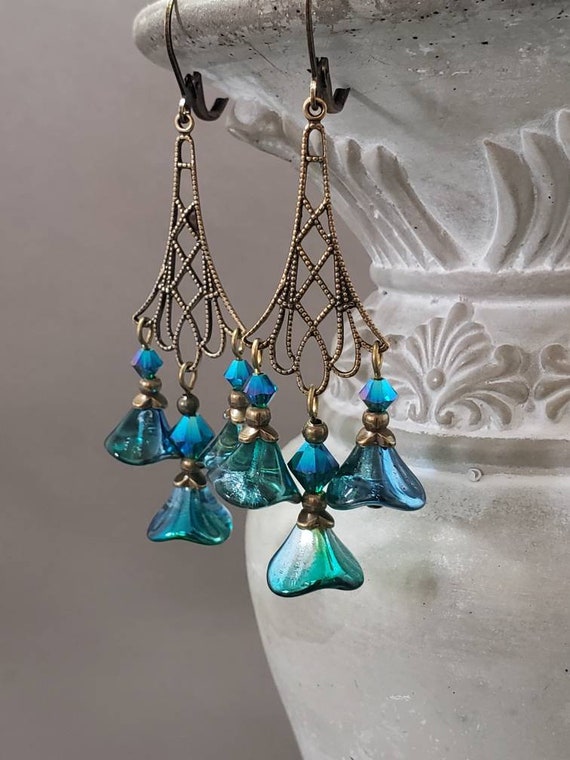 Teal Blue Boho Chandelier Earrings - Assemblage Earrings - Art Nouveau Style Jewelry - Alfons Mucha - 19th Century Jewelry