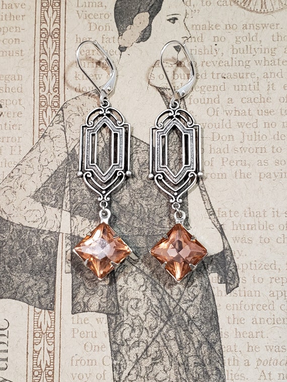 Art Deco Estate Earrings - Art Deco Jewelry - 1920s Flapper - Peach Bridal Earrings - 1920s Wedding - Reproduction Jewelry