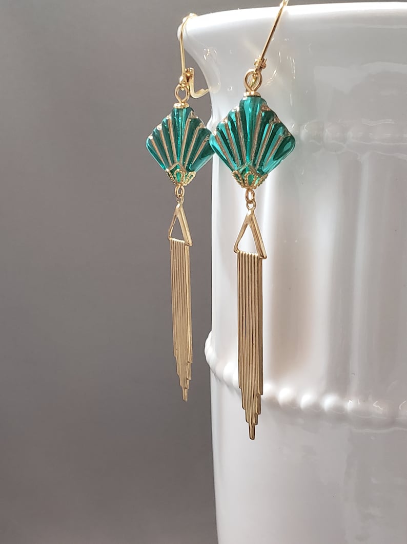 Green Fan Art Deco Earrings 1920s Art Deco Jewelry Flapper Earrings Vintage Style Jewelry 1920s Bride image 1