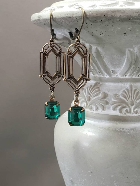 Emerald Green Art Deco Earrings - 1920s Art Deco Jewelry - Vintage Style Crystal Earrings - Flapper Jewelry - 1920s Bride
