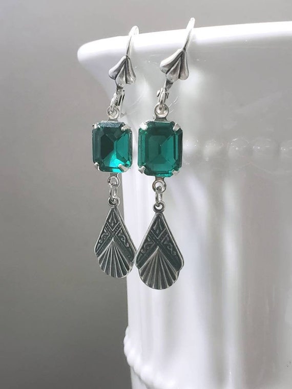 Green and Silver Art Deco Earrings - 1920s Art Deco Jewelry - 1920s Earrings - 1930s Jewelry - Vintage Style