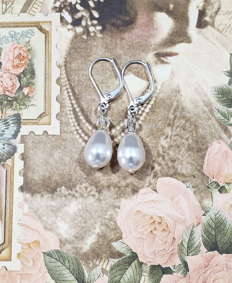Simple Pearl Drop Earrings Dainty Pearl Earrings Vintage Style Bridal Jewelry 1920s Bride Regency Reproduction image 7
