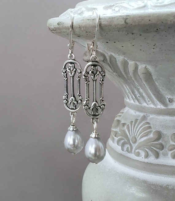 Gray Pearl Art Nouveau Earrings - Pearl Earrings for Bridesmaid Gift - Reproduction Art Nouveau Jewelry - Alfons Mucha