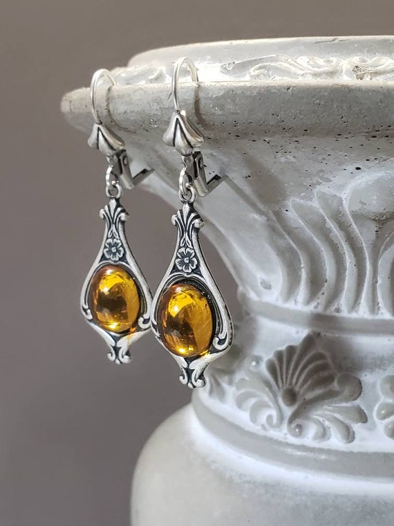 Golden Topaz Edwardian Earrings - Edwardian Style Jewelry - Historical Earrings - Regency Jewelry - Victorian Reproduction