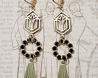 Gold and Red Rhinestone Art Deco Earrings - Assemblage Jewelry - 1920s Earrings - Great Gatsby Wedding - Flapper Jewelry