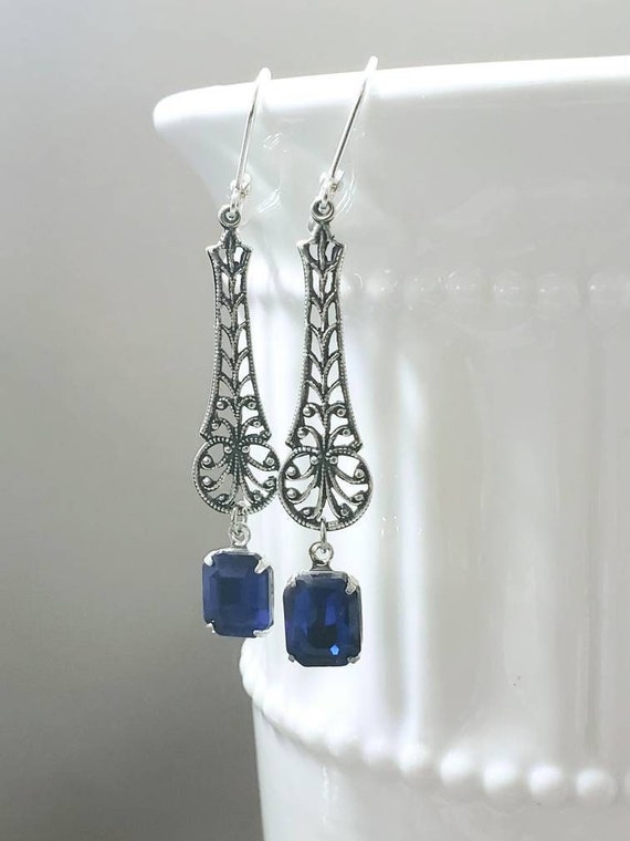Sapphire Blue Art Deco Earrings - 1920s Art Deco Jewelry - 1920s Earrings - Edwardian Style Jewelry - Great Gatsby Wedding