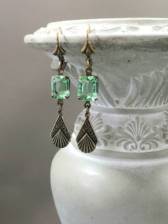 Peridot Green Art Deco Earrings - Delicate Dangle Earrings - 1920s Art Deco Jewelry - Flapper Jewelry - Vintage Style