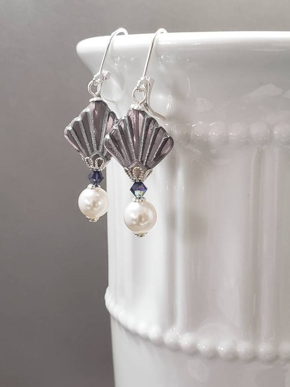 Purple Bridal Art Deco Earrings - 1920s Art Deco Jewelry - Dark Purple Earrings - 1930s Earrings - Flapper Jewelry