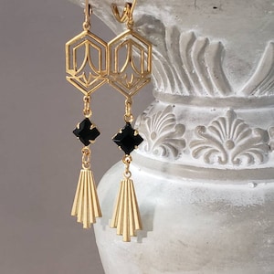 Black and Gold Art Deco Earrings - Art Deco Jewelry - Assemblage Earrings - Flapper Jewelry - 1920s Vintage Style