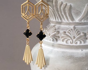 Black and Gold Art Deco Earrings - Art Deco Jewelry - Assemblage Earrings - Flapper Jewelry - 1920s Vintage Style