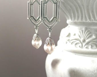 1920s Bridal Art Deco Pearl Earrings - 1920s Art Deco Jewelry - Edwardian Style Jewelry - 1920s Earrings for Bridesmaids