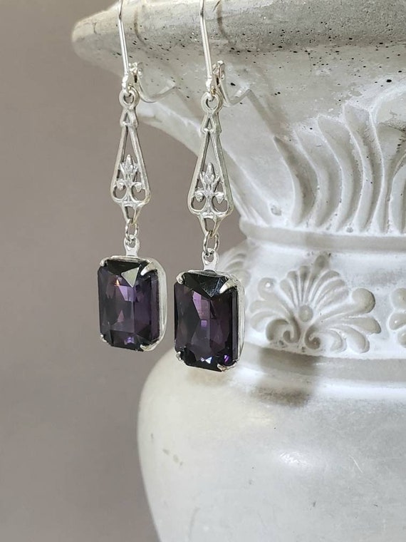 Purple and Silver Art Deco Earrings - 1920s Art Deco Jewelry - Vintage Style Earrings - Edwardian Style Jewelry - 1920s Bride