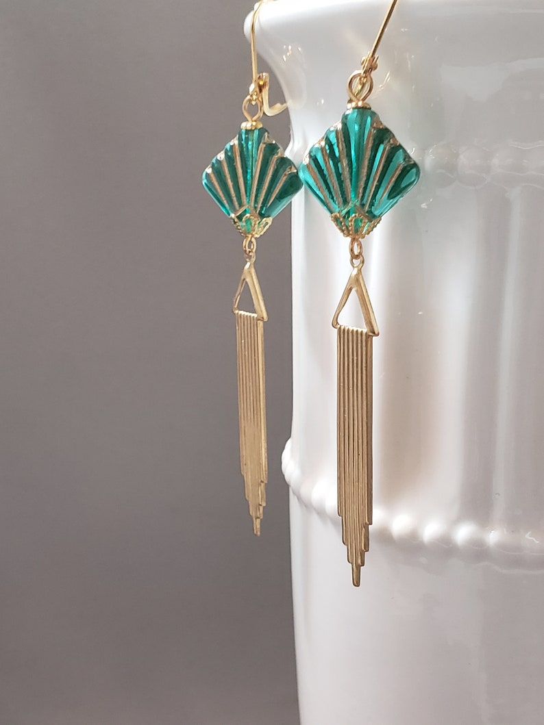 Green Fan Art Deco Earrings 1920s Art Deco Jewelry Flapper Earrings Vintage Style Jewelry 1920s Bride imagem 4