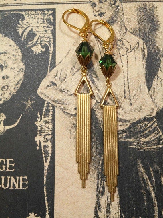 Green and Gold Art Deco Earrings - 1920s Art Deco Jewelry - 1920s Earrings - Flapper Jewelry - 1930s Vintage Style