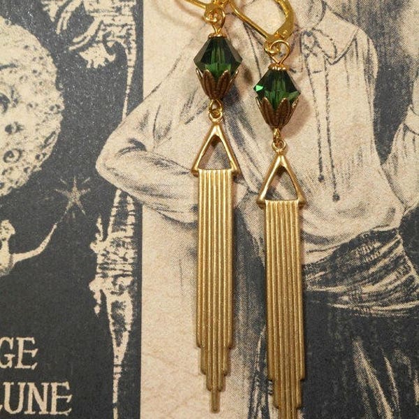 Green and Gold Art Deco Earrings - 1920s Art Deco Jewelry - 1920s Earrings - Flapper Jewelry - 1930s Vintage Style