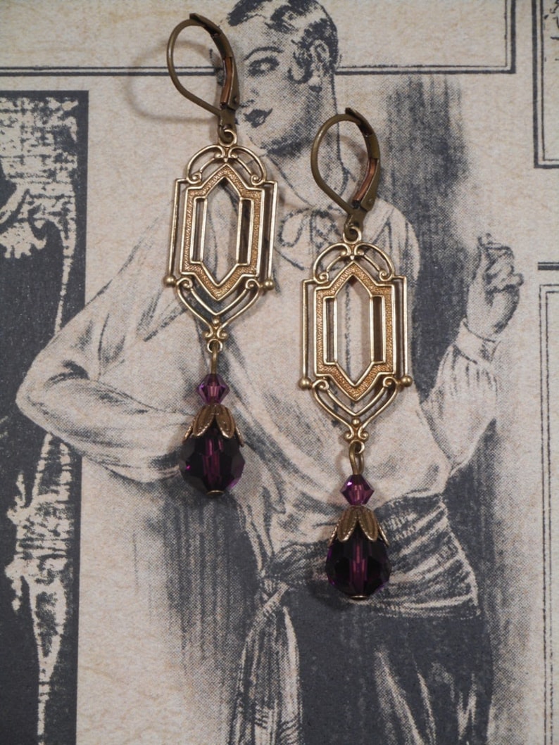 Purple Crystal Earrings 1920s Art Deco Jewelry Purple Bridal Earrings Flapper Jewelry 1920s Vintage Style image 9