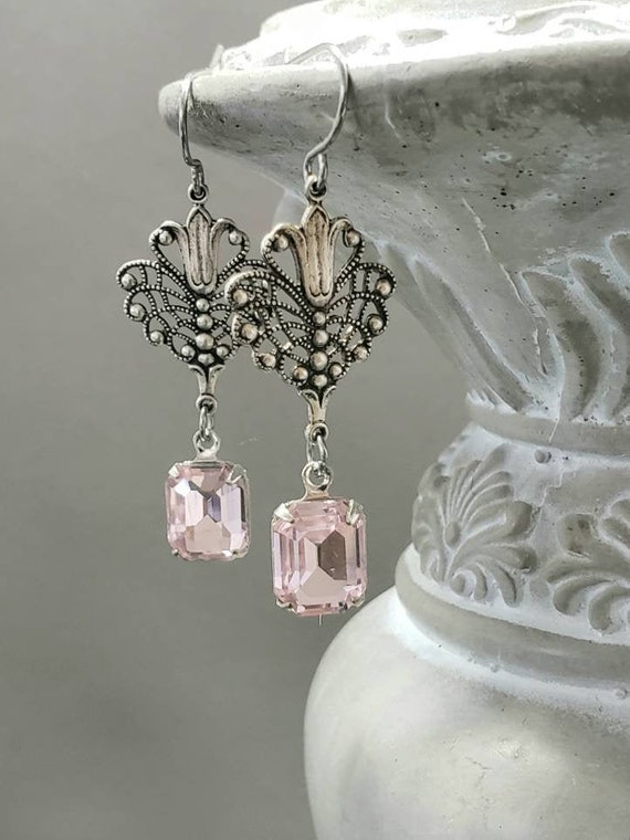 Pink Art Nouveau Earrings - Art Nouveau Silver Jewelry - Dainty Flower Earrings - Edwardian Style Jewelry - Vintage Style