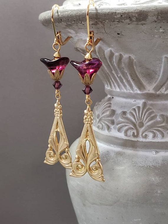 Purple and Gold Art Nouveau Earrings - 1920s Art Deco Jewelry - Edwardian Style Jewelry - Art Nouveau Flower Earrings