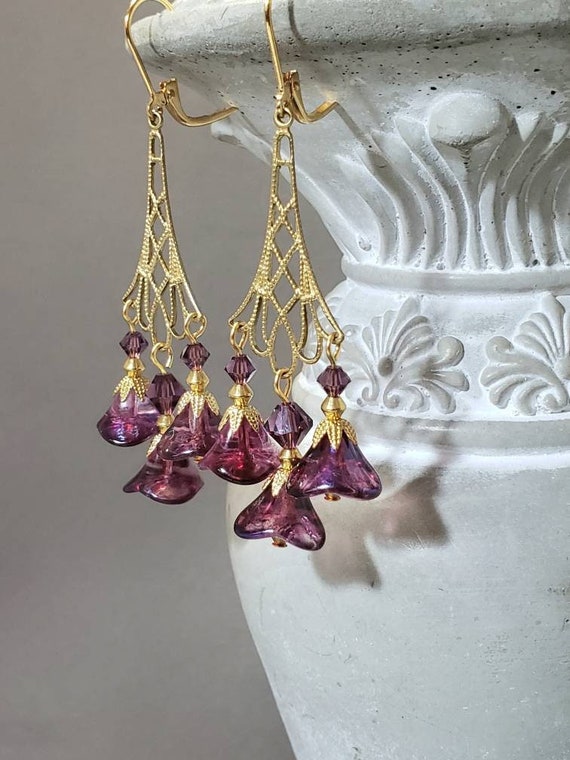 Art Nouveau Flower Earrings - Reproduction Art Nouveau Jewelry - Assemblage Earrings - 19th Century Jewelry - Alfons Mucha