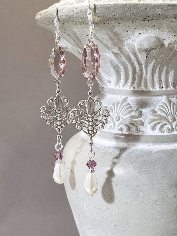 Art Nouveau Statement Earrings - Long Assemblage Earrings - Art Nouveau Style Jewelry - Alfons Mucha - Reproduction Jewelry