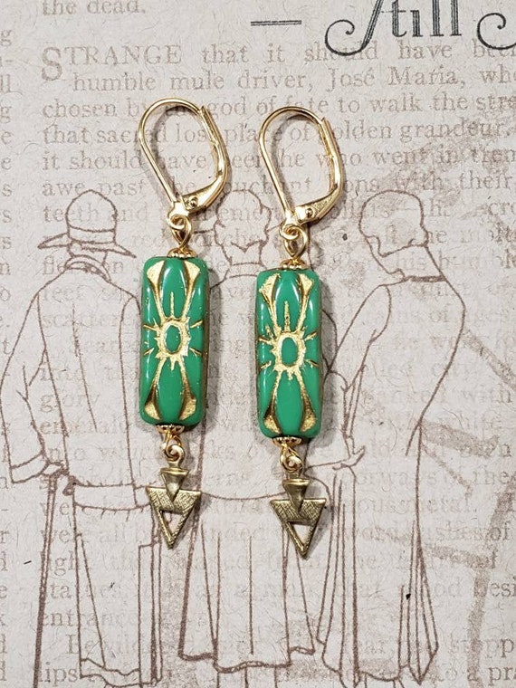 Green and Gold Art Deco Earrings - 1920s Art Deco Jewelry - Egyptian Revival Jewelry - Scarab Earrings - King Tut