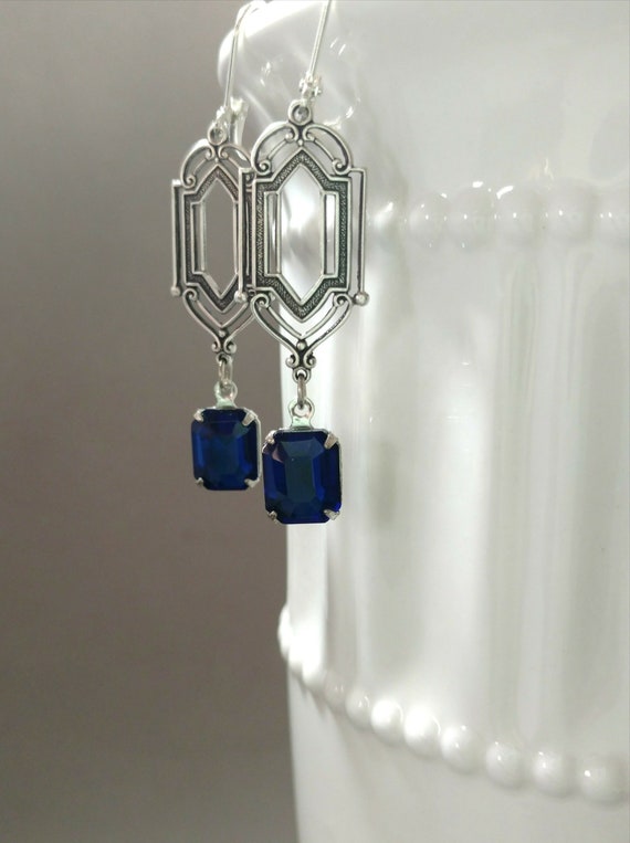 Sapphire Blue Art Deco Earrings - Art Deco Jewelry - 1920s Wedding - Vintage Style Earrings - Reproduction Jewelry - Bridesmaid Gift