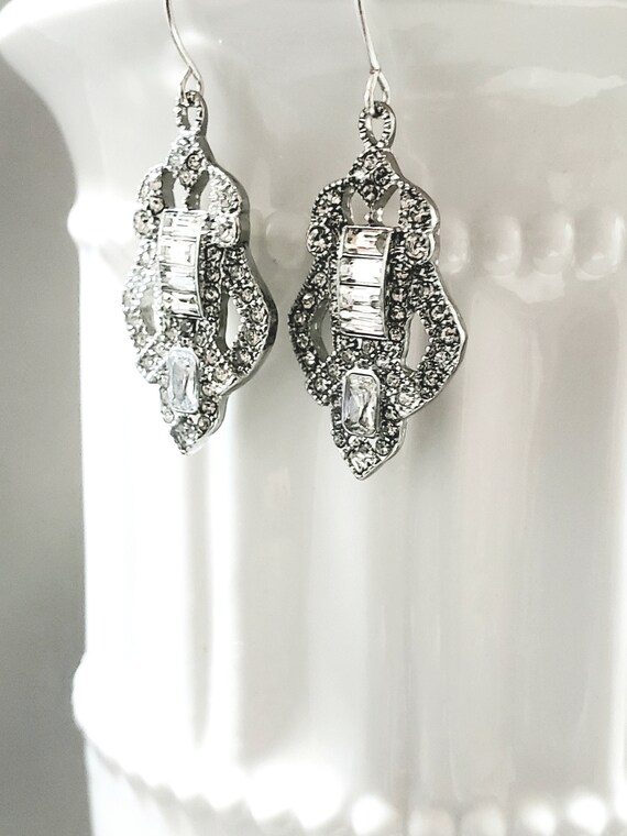 Art Deco Rhinestone Bridal Earrings - Great Gatsby Wedding - 1920s Art Deco Jewelry - Flapper Earrings - 1930s Jewelry