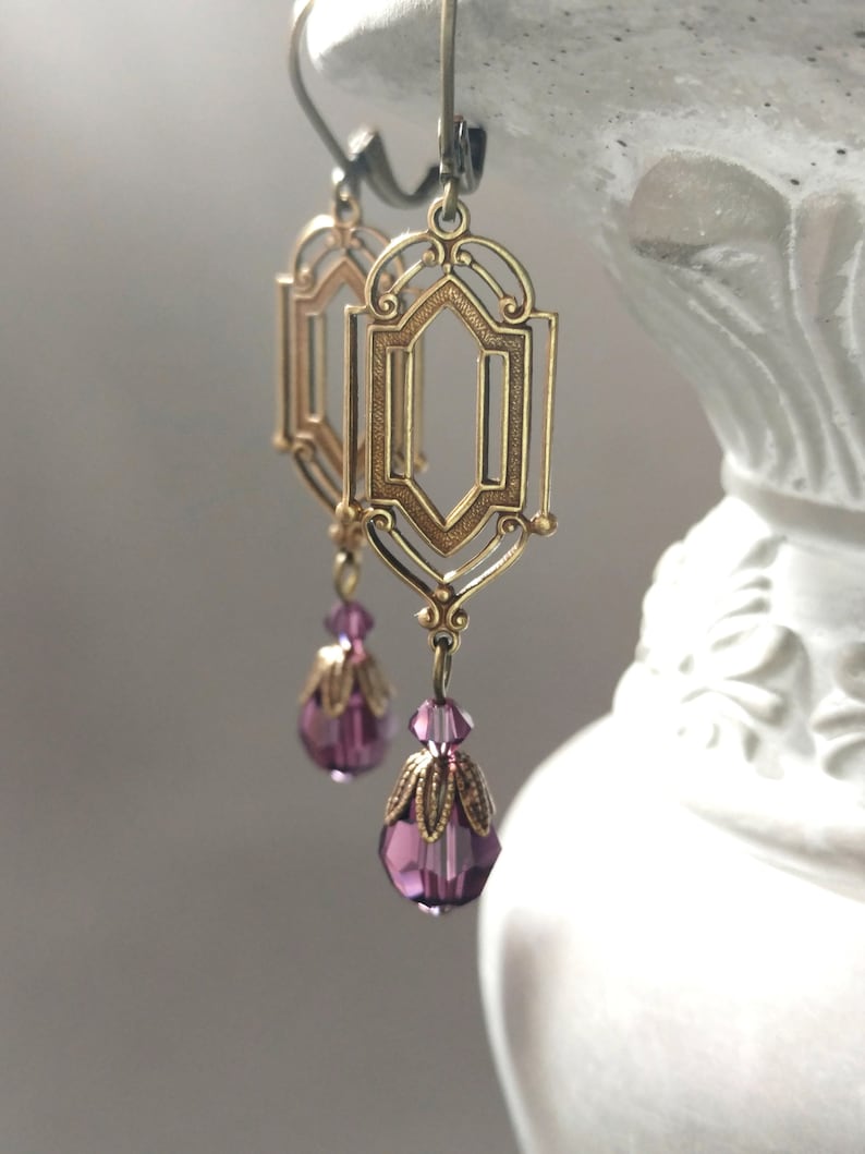 Purple Crystal Earrings 1920s Art Deco Jewelry Purple Bridal Earrings Flapper Jewelry 1920s Vintage Style image 1