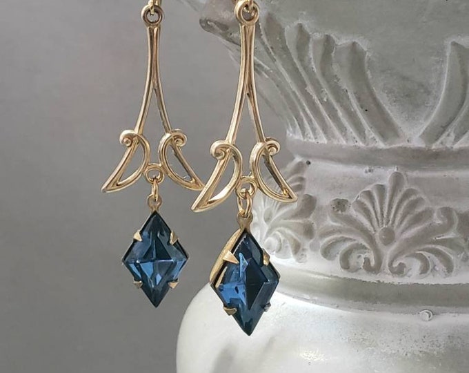 Art Deco Hand Painted Blue Green Triangle Earrings