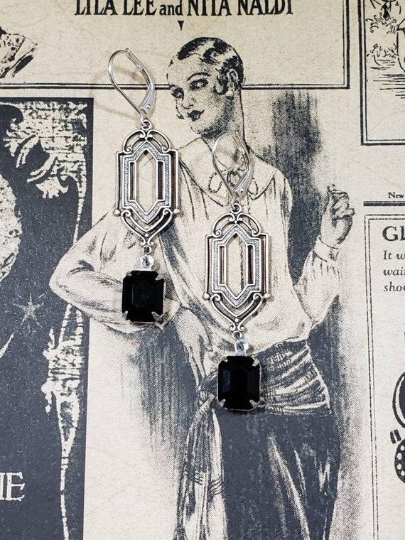 Art Deco Black Rhinestone Earrings - 1920s Art Deco Jewelry - Long Bridal Earrings - 1920s Bride - Great Gatsby Wedding