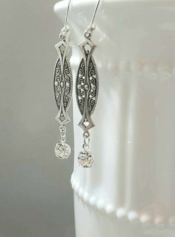 Art Deco Filigree Earrings - Flapper Jewelry - 1920s Bride - Reproduction Art Deco Jewelry - 1920s Earrings - Great Gatsby Wedding