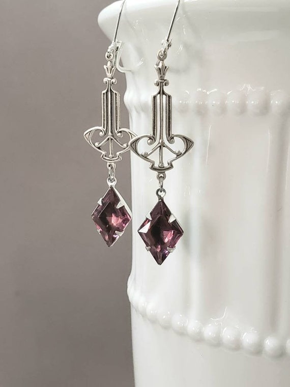 Purple Art Deco Earrings - Reproduction Art Deco Jewelry - 1920s Earrings - Flapper Jewelry - 1920s Bride - Vintage Style