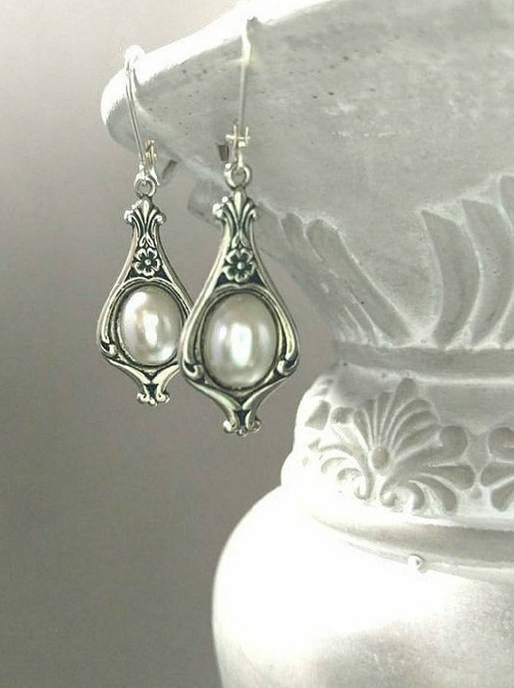 Edwardian Pearl Earrings - Edwardian Style Jewelry - Art Nouveau Style Drop Earrings - Victorian Reproduction
