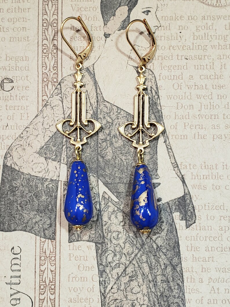 Blue and Gold Art Deco Earrings Art Deco Jewelry 1920s Etsy