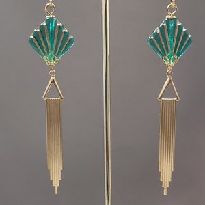 Green Fan Art Deco Earrings 1920s Art Deco Jewelry Flapper Earrings Vintage Style Jewelry 1920s Bride imagem 6