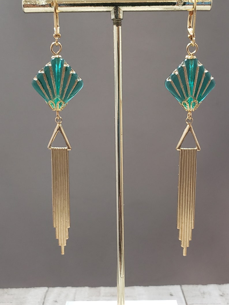 Green Fan Art Deco Earrings 1920s Art Deco Jewelry Flapper Earrings Vintage Style Jewelry 1920s Bride Bild 6