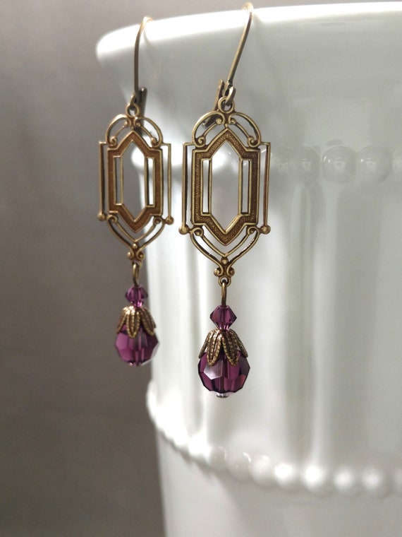 Purple Crystal Earrings - 1920s Art Deco Jewelry - Purple Bridal Earrings - Flapper Jewelry - 1920s Vintage Style